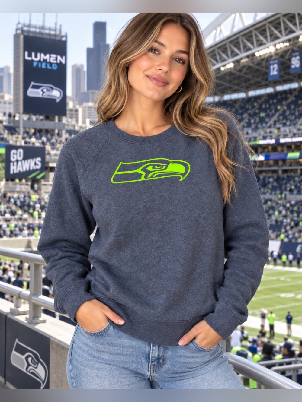 Seattle Seahawks NFL Heather Navy Crewneck Sweatshirt Neon Green Logo